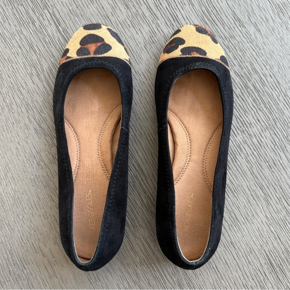 Aerosoles Bechincolor Black Suede Leopard Flats Size 7.5